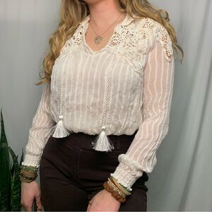 Anthropology Cottagecore Blouse Ivory Long Sleeve Womens Size 0
